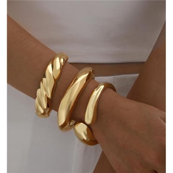 Chunky Gold Bangle Bracelet Set | 14K Plated Stackable Statement Jewelry. - Picture 5 of 5